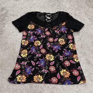 Rockmans Lace Tunic Blouse Womens XS Multicolor Floral Short Sleeve Round Neck